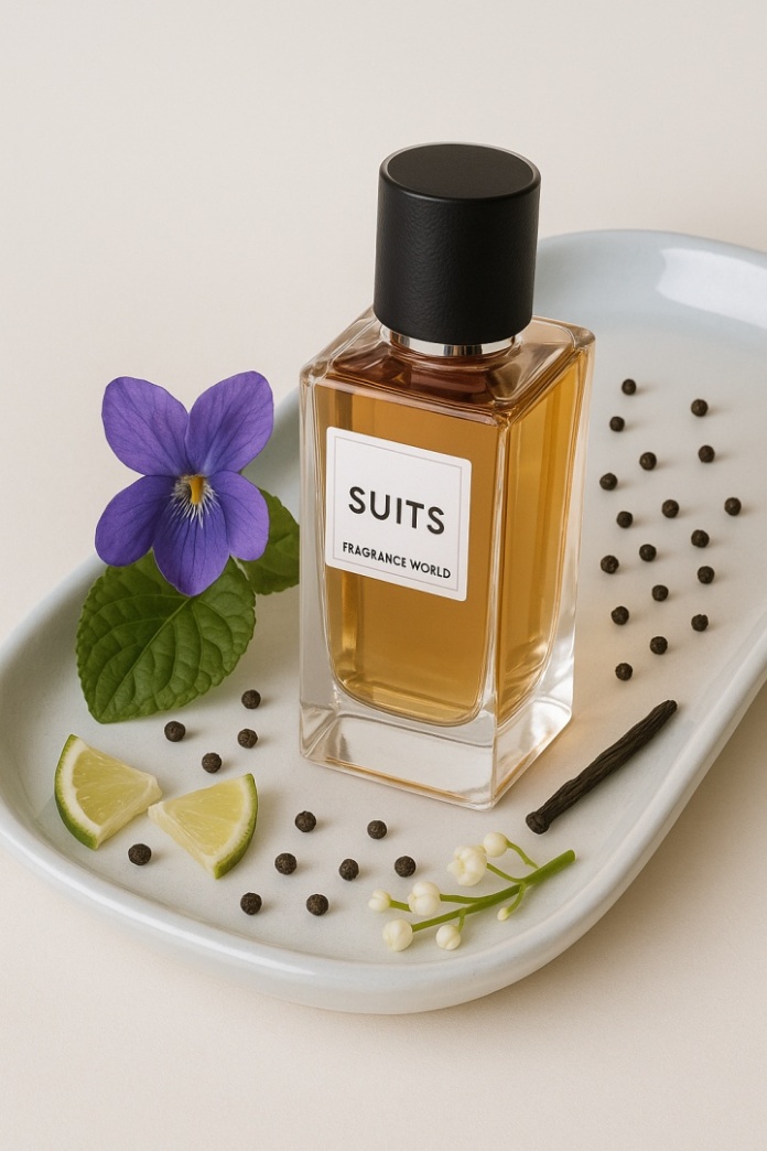 1. Fragrance World Suits 100ml EDP – smukły, elegancki flakon z ciemnego szkła ze złotymi detalami.